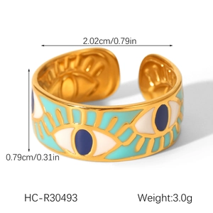 Detailed view of evil eye open ring with measurements and gold finish dimensions