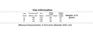 Size chart showing S-L measurements for casual long sleeve fleece coat with shoulder and bust info