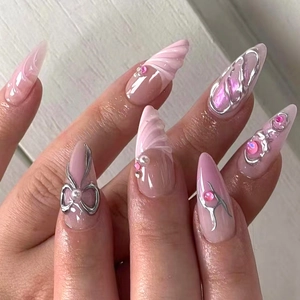 Pink Gradient Press On Nails With Silver Metallic 3D Bowknot And Faux Artificial Pearl Sweet Y2K Style Long Almond Shape Glossy