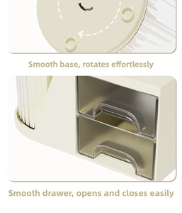 Close-up of the smooth 360 rotating base and clear drawer on white desk organizer