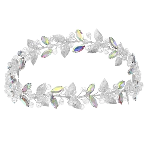 Double-layered bridal headband with silver metal leaves and sparkling crystals
