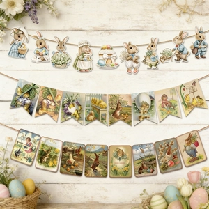 Vintage Easter party banner set featuring retro bunnies and eggs on white wood wall