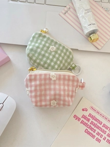 Pink and green plaid mini coin pouches with daisy embroidery and pearl zipper detail