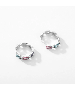 Detail of S925 sterling silver hoop earrings with blue and pink enamel geometric chains