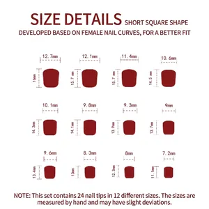 Size chart for 24pcs short square press-on nails with 12 specific dimensions in red style