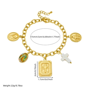 Gold layered cross and portrait charm bracelet with 17cm length and weight specifications