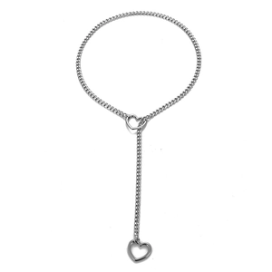 Silver Y-shaped stainless steel necklace with double hollow heart pendants on a white background