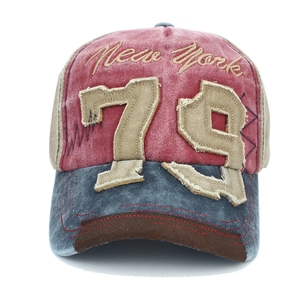 Close-up of vintage patchwork baseball cap with New York embroidery and 79 patch details