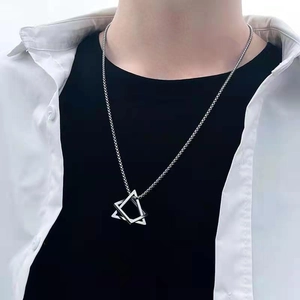 Detail shot of a silver titanium steel necklace featuring a hollow triangle pendant