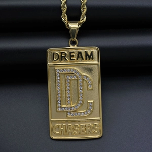 Golden hip hop dog tag necklace with crystal DC logo and Dream Chasers relief design