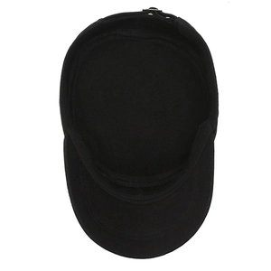 Classic black cotton military flat top cap with adjustable metal buckle on white background