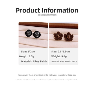 Detail view of fabric earrings showing black polka dot square and brown leopard flower charms