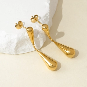 Elegant gold-plated stainless steel teardrop dangle earrings with polished bead chain link