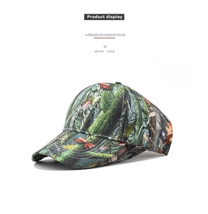 Detail of forest camo baseball cap with realistic leaf print and reinforced stitching