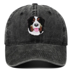 Vintage washed denim baseball cap featuring detailed embroidery of a Bernese Mountain Dog