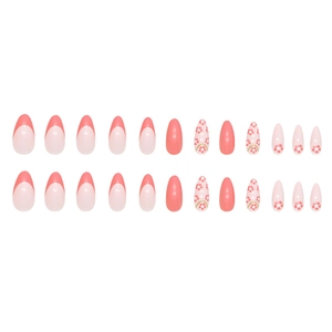 Pink French almond press-on nails with cute floral patterns in a 24-piece set layout
