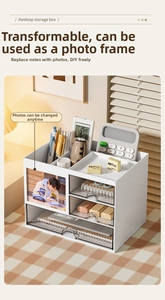Macro detail of white desktop organizer drawer with acrylic window and DIY photo frame