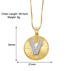 Detailed size and weight specs for gold V letter pendant necklace on white background
