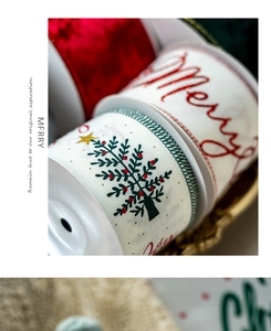 Close-up of velvet and printed Christmas ribbons with Merry text and tree patterns