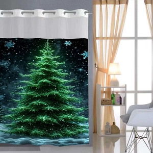 Waterproof Polyester Shower Curtain And Matching Bath Mat Christmas Tree Swan Art Print Bathroom Decor With Hooks