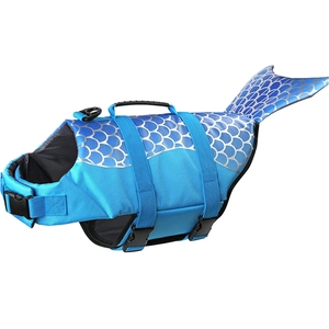 Blue dog life jacket with silver scales and fish tail for aquatic safety and swimming