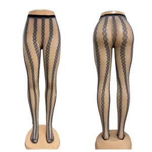 Detail view of grey tights featuring black vertical chain lattice patterns for slimming effect