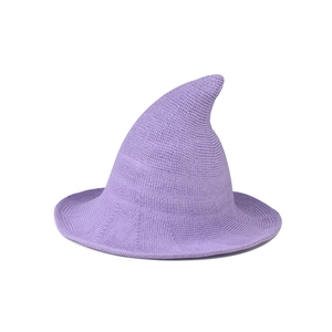 Close-up of a light purple knitted witch hat with soft texture and pointed tip