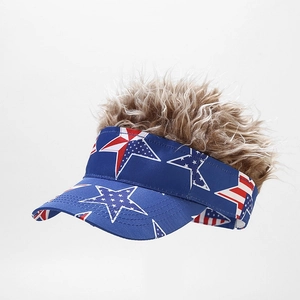 Detail of blue sun visor with US flag star pattern and brown curly wig hair extension