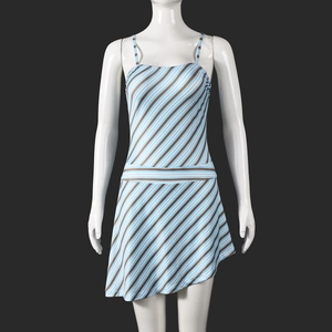 Detail of blue and white striped strapless dress with irregular hem on mannequin