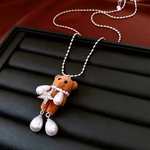 Flocked Teddy Bear Pendant Necklace Rhinestone Star Imitation Artificial Pearl Sweater Chain Copper Titanium Steel Jewelry Women