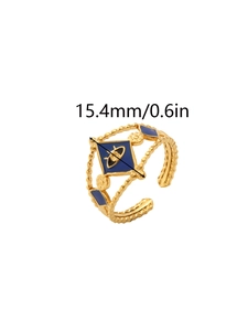Detailed view of evil eye adjustable gold ring with blue enamel and 15.4mm size guide