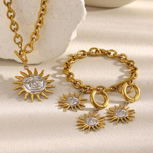 Golden 18K gold-plated stainless steel chain jewelry set with sun face pendants