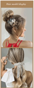 Detail display of large acetate claw clip and rhinestone bow hairclip on model hairstyle