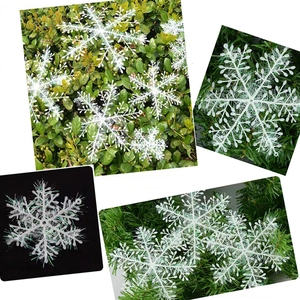White mini plastic snowflake Christmas ornaments shown in multiple decorative settings