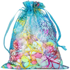 Light blue organza drawstring gift bag with colorful coral pattern and macaron beads