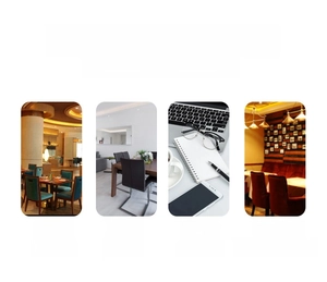 Collage showing waterproof leather placemats in hotel, home, office, and restaurant settings