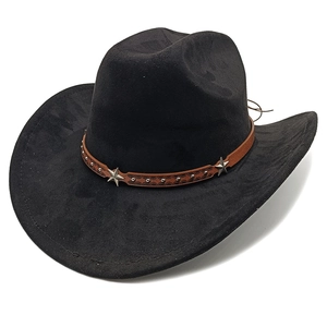 Detail of black suede cowboy hat with brown leather band and silver star studs