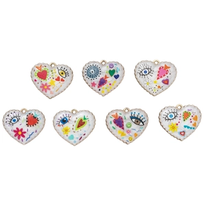 Colorful embroidered heart charms with evil eye motifs and gold metal edges for DIY jewelry