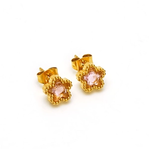 Nahaufnahme goldener Sternohrringe mit funkelnden rosa Zirkonia auf weißem Grund