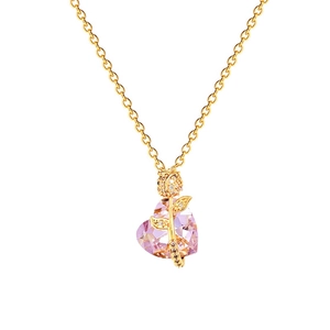 Pink heart crystal and golden rose pendant necklace in polished titanium steel for women