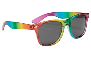 Detailed close-up of vibrant rainbow frame sunglasses with protective dark grey lenses.