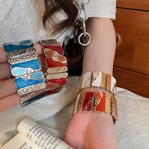 Wide Elastic Bangle Alloy Enamel Drip Oil Hammered Texture Bohemian Retro Geometric Fashion Jewelry Accessory For Women