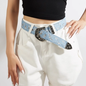 Women Western Rhinestone Belt American Retro PU Leather Denim Waistband With Carved Alloy Buckle Rivet Studded Decorative Belt