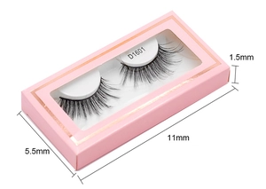 Detail view of pink packaging box for D1601 thick fiber eyelashes with size measurements