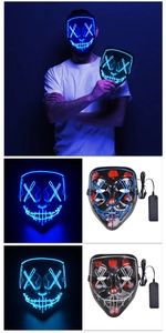 Detail of LED glowing mask showing blue light wires, red splatters and battery controller