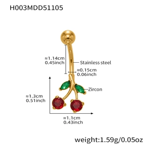 Detailed spec sheet for gold cherry navel ring with red zircon and stainless steel bar