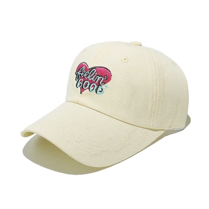 Detail shot of cream cotton baseball cap with pink heart and feelin' GOOD embroidery