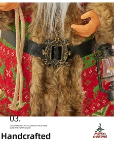 Detail of hand-stitched Santa figurine featuring brown fur and gold engraved belt buckle