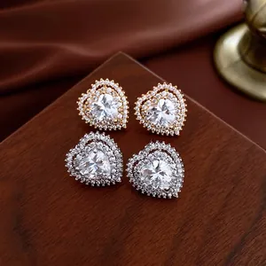 Heart Stud Earrings Zircon Double Halo Luxury Niche Fashion Elegant For Women With Silver Earring Post Copper Material