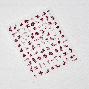 Japanese style deep red floral nail art stickers with pretty text design and leaves